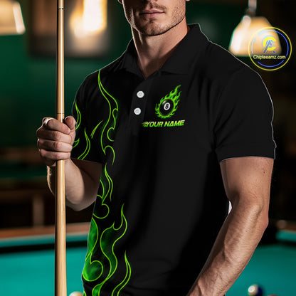 Men wearing billiards polo shirt featuring an eight ball design surrounded by flowing green flame graphics on a black background.