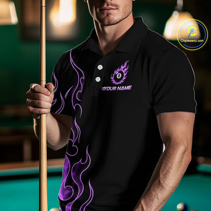 Men wearing billiards polo shirt featuring an eight ball design surrounded by flowing purple flame graphics on a black background.