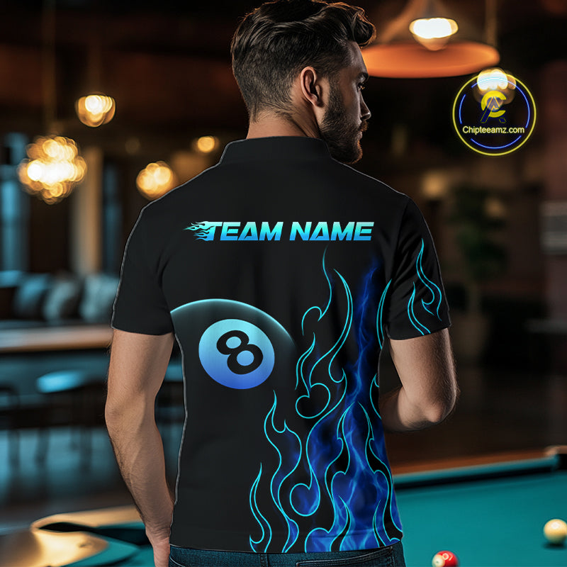 Men wearing billiards polo shirt featuring an eight ball design surrounded by flowing blue flame graphics on a black background.