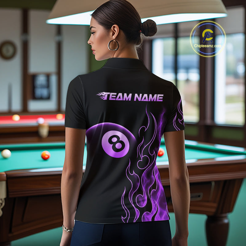 Women wearing billiards polo shirt featuring an eight ball design surrounded by flowing purple flame graphics on a black background.