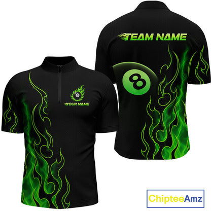 Front and back billiards quarter zip shirt featuring an eight ball design surrounded by flowing green flame graphics on a black background.