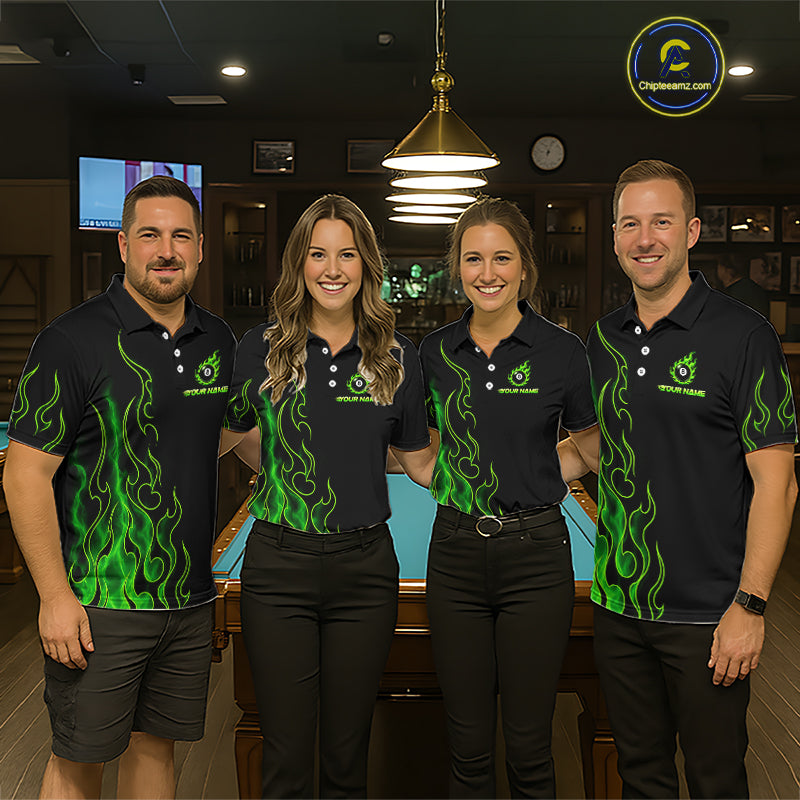 Four people wearing billiards polo shirt featuring an eight ball design surrounded by flowing green flame graphics on a black background.