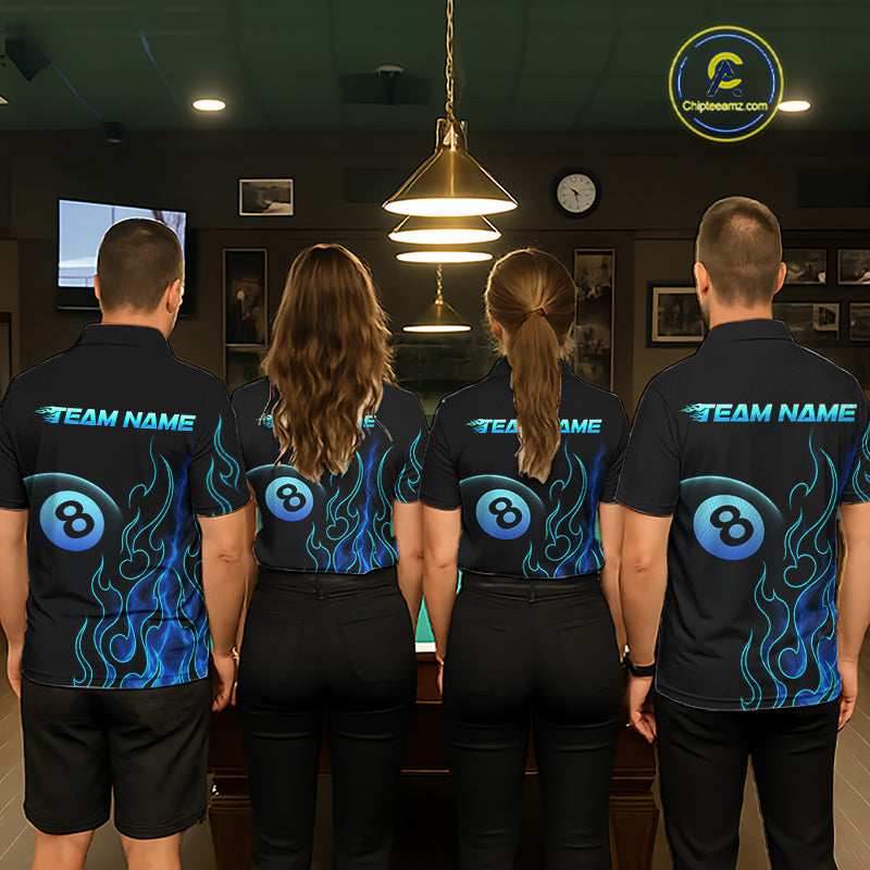Four people wearing billiards polo shirt featuring an eight ball design surrounded by flowing blue flame graphics on a black background.