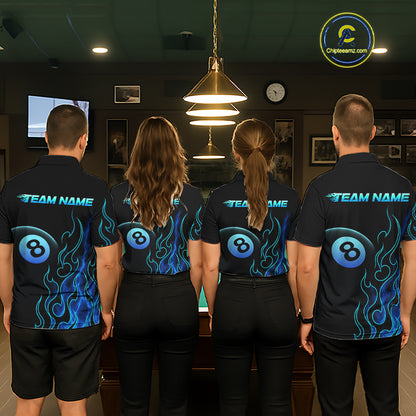 Four people wearing billiards polo shirt featuring an eight ball design surrounded by flowing blue flame graphics on a black background.