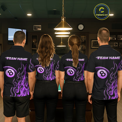 Four people wearing billiards polo shirt featuring an eight ball design surrounded by flowing purple flame graphics on a black background.