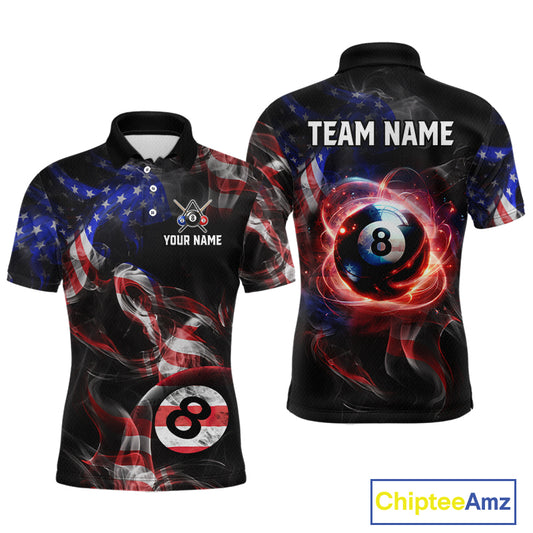 Front and back view personalized billiards polo shirt with an eight ball design connected by american flag smoke patterns across a black layout.
