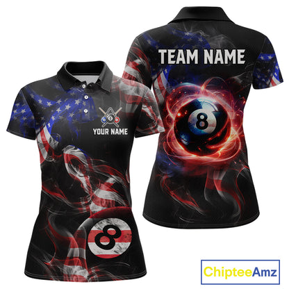 Front and back view personalized billiards polo shirt with an eight ball design connected by american flag smoke patterns across a black layout.