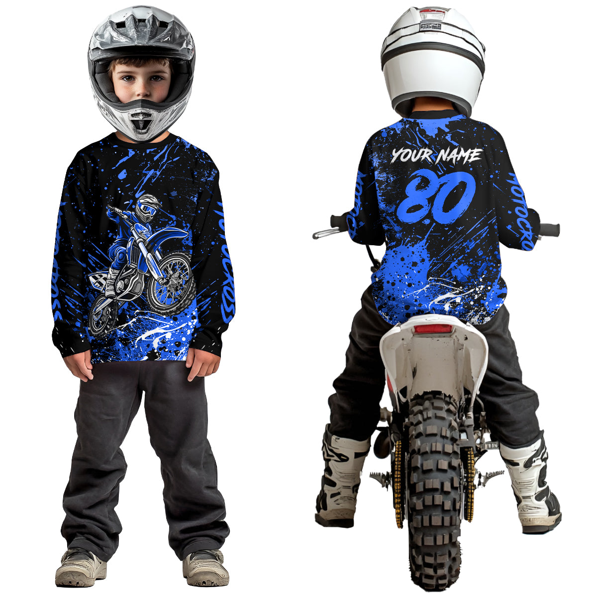 Personalized Blue Youth Motocross Shirts Off-Road Dirt Bike Jersey Kid Men Women UPF30+ DNT17