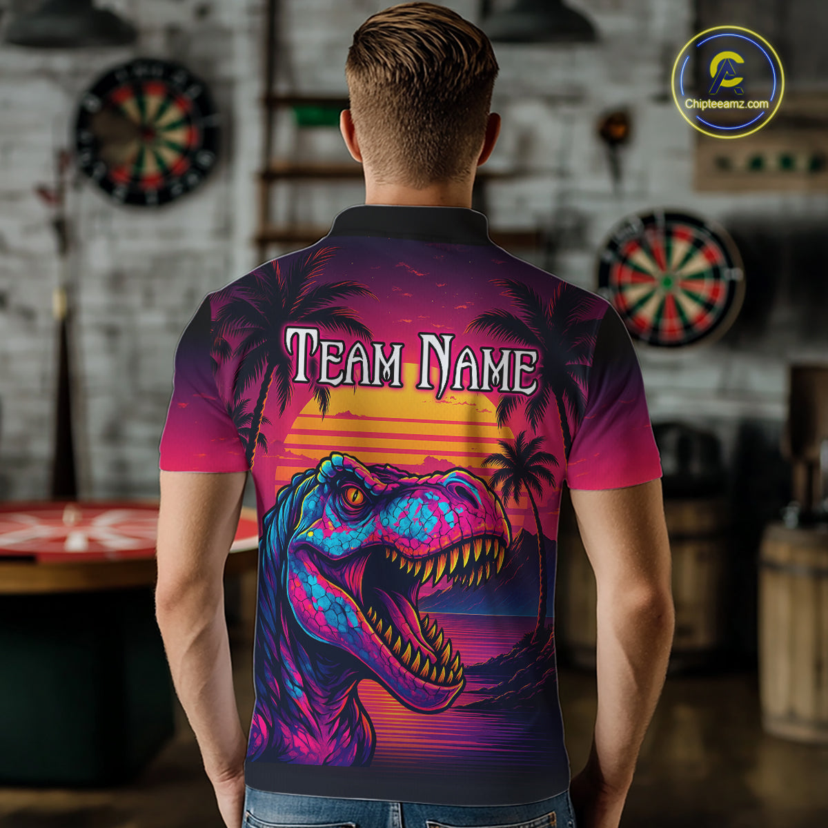 Custom Neon Dinosaur Dart Shirts For Men Dart Board Gifts Darts Team Jerseys Dart League NNT161