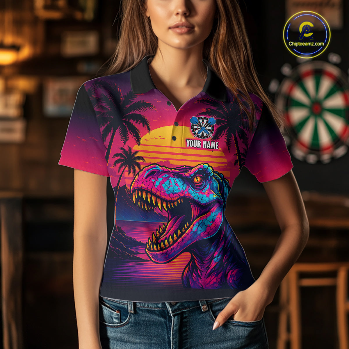 Custom Neon Dinosaur Dart Shirts For Women Dart Board Gifts Darts Team Jerseys Dart League NNT161