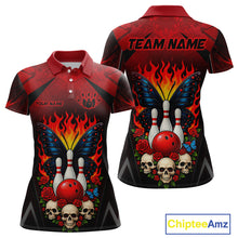Load image into Gallery viewer, Front and back views of a red and black bowling polo shirt featuring flaming bowling pins, a red bowling ball, a blue butterfly, roses, skulls, and custom team and player name text.