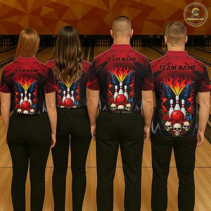 Four people wearing red and black bowling polo shirt featuring flaming bowling pins, a red bowling ball, a blue butterfly, roses, skulls, and custom your name text.