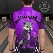 Load image into Gallery viewer, Man wearing a purple and black bowling polo shirt featuring a gray wolf mascot holding a purple bowling ball, with custom team name text.