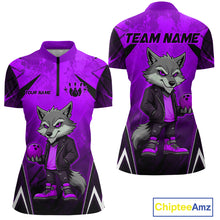Load image into Gallery viewer, Front and back views of a purple and black bowling quarter zip shirt featuring a gray wolf mascot holding a purple bowling ball, with custom team and player name text.
