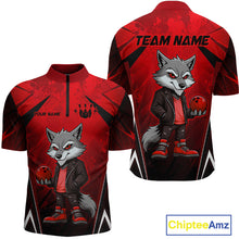Load image into Gallery viewer, Front and back views of a red and black bowling quarter zip shirt featuring a gray wolf mascot holding a red bowling ball, with custom team and player name text.