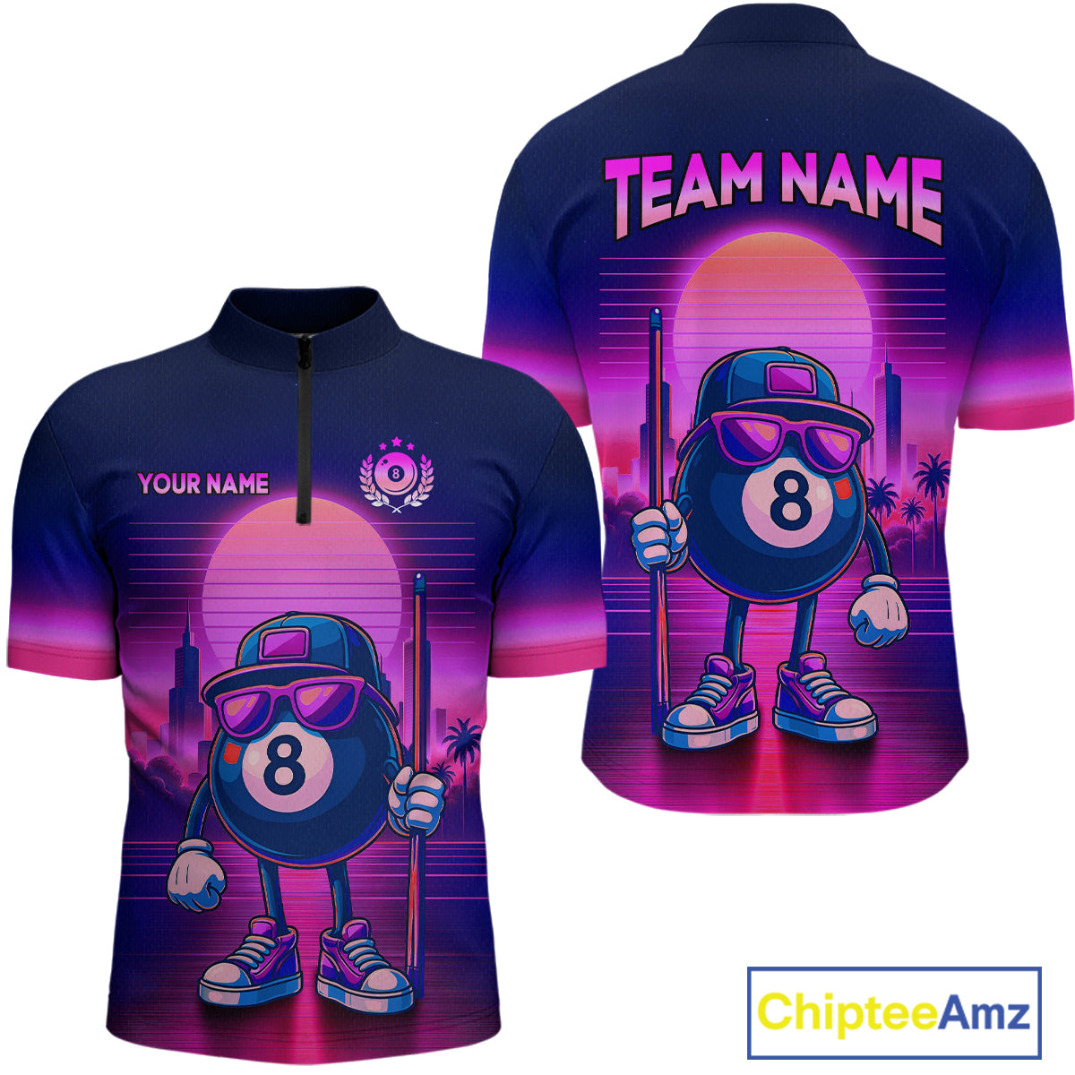 Custom Purple Funny 8 Ball Retro Billiard Shirts for Women Billiard Team Shirts Polo & 1/4 Zip NNT93