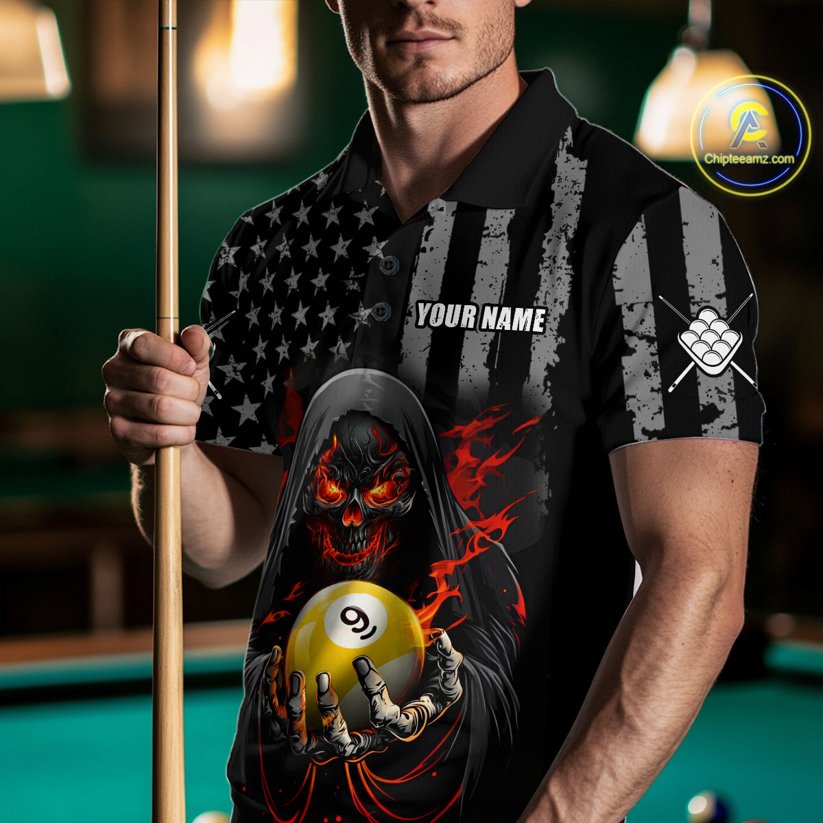Custom US Skull 9 Ball Billiard Shirts for Men Billiard Team Shirts Billiard League Polo & 1/4 Zip NNT94