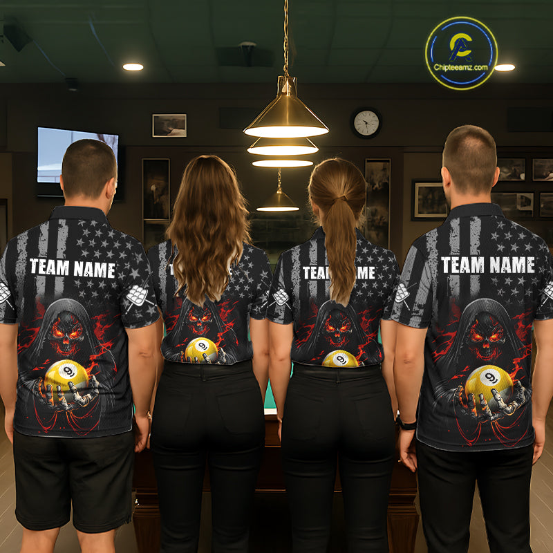 Custom US Skull 9 Ball Billiard Shirts for Men Billiard Team Shirts Billiard League Polo & 1/4 Zip NNT94
