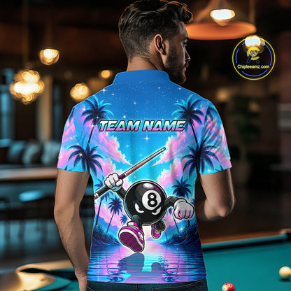 Men wearing personalized billiards polo shirt with an eight ball character moving through a tropical scene with palm trees and sunset reflections.