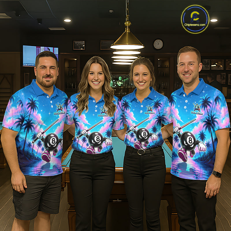 Four people wearing personalized billiards polo shirt with an eight ball character moving through a tropical scene with palm trees and sunset reflections.