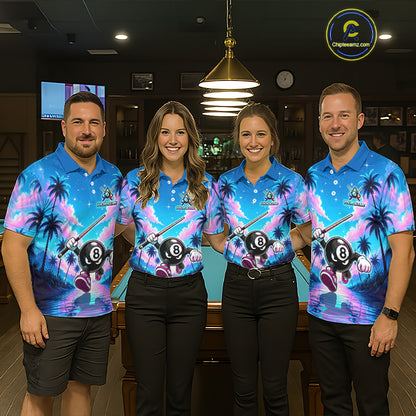 Four people wearing personalized billiards polo shirt with an eight ball character moving through a tropical scene with palm trees and sunset reflections.
