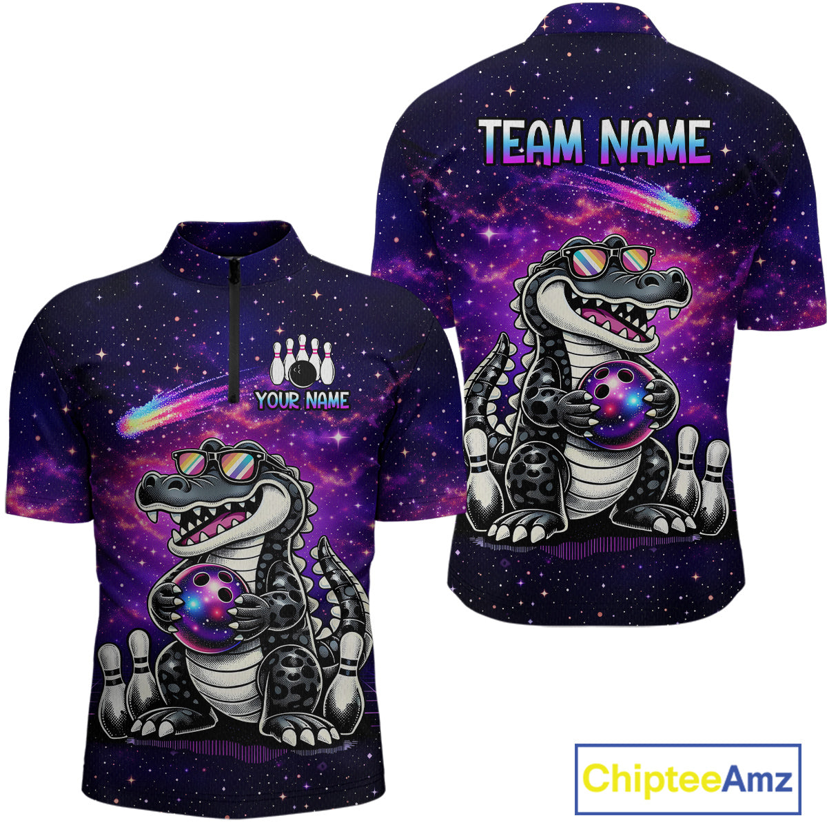 Custom Funny Galaxy Alligator Bowling Jersey for Men Bowling Tournament Polo & 1/4 Zip Bowling Team Shirts HNT218