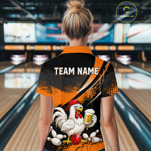 Load image into Gallery viewer, Woman wearing a orange and black bowling polo featuring a chicken holding a beer mug, red bowling ball, scattered pins, and custom team name text.