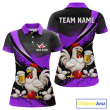 Load image into Gallery viewer, Front and back views of a purple and black bowling polo featuring a chicken holding a beer mug, red bowling ball, scattered pins, and custom team text.