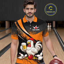 Load image into Gallery viewer, Man wearing a orange and black bowling polo featuring a chicken holding a beer mug, red bowling ball, scattered pins, and custom your name text.