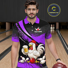 Load image into Gallery viewer, Man wearing a purple and black bowling polo featuring a cartoon chicken holding a beer mug, red bowling ball, scattered pins, and custom your name text.