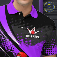 Load image into Gallery viewer, Black and purple polo shirt with a bowling design and customizable text on a dark background.