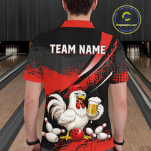 Load image into Gallery viewer, Man wearing a red and black bowling polo featuring a chicken holding a beer mug, red bowling ball, scattered pins, and custom team name text.