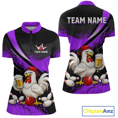 Front and back views of a purple and black bowling quarter zip featuring a chicken holding a beer mug, red bowling ball, scattered pins, and custom team text.