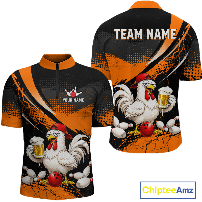 Front and back views of a orange and black bowling quarter zip featuring a chicken holding a beer mug, red bowling ball, scattered pins, and custom team text.
