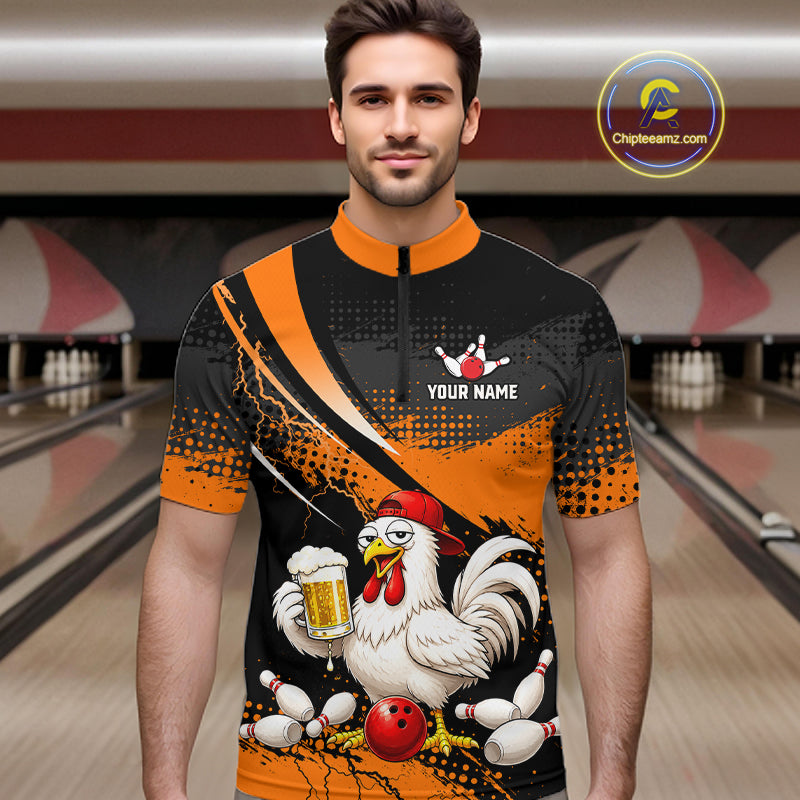 Man wearing a orange and black bowling quarter zip featuring a chicken holding a beer mug, red bowling ball, scattered pins, and custom your name text.