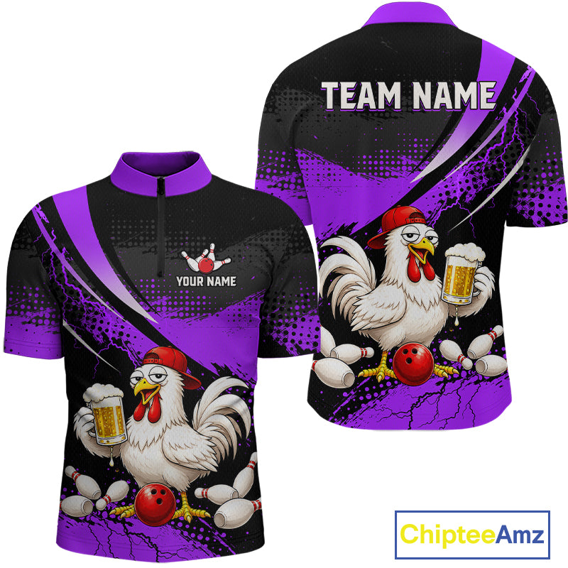 Front and back views of a purple and black bowling quarter zip featuring a cartoon chicken holding a beer mug, red bowling ball, scattered pins, and custom team text