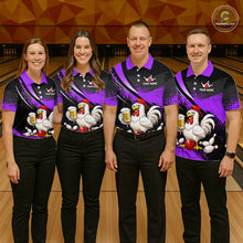 Load image into Gallery viewer, Four people wearing purple and black bowling polo featuring a chicken holding a beer mug, red bowling ball, scattered pins, and custom your name text.