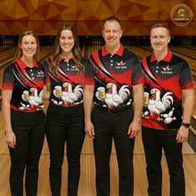 Load image into Gallery viewer, Four people wearing red and black bowling polo featuring a chicken holding a beer mug, red bowling ball, scattered pins, and custom your name text.