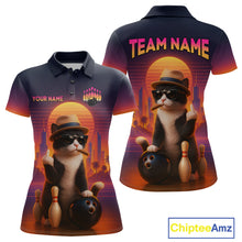 Load image into Gallery viewer, Custom retro funny cat bowling jersey for women, personalized team bowling polo shirt front view and back view