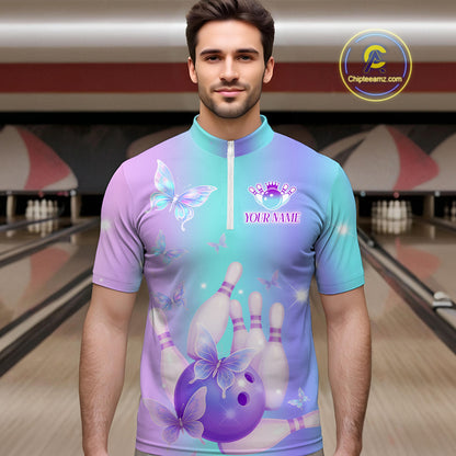 Custom Neon Butterfly Bowling Jersey for Men Bowling Team Shirts Bowling League Polo & 1/4 Zip HNT172