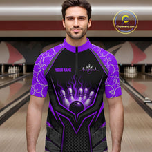 Load image into Gallery viewer, Man wearing a black and purple bowling shirt with a design on a bowling alley background