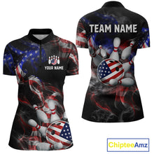 Load image into Gallery viewer, Front and back views of a black patriotic bowling quarter zip with smoky flag graphics, custom team text, and an American flag bowling ball striking pins.