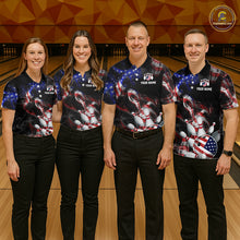 Load image into Gallery viewer, Four people wearing black patriotic bowling polo with smoky flag graphics, custom team text, and an American flag bowling ball striking pins.