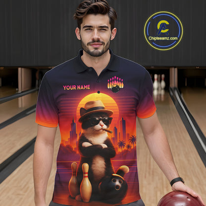Custom Funny Cat Bowling Jersey for Men Bowling League Bowling Team Shirts Polo & 1/4 Zip HNT197