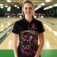 Load image into Gallery viewer, Woman wearing a black bowling shirt with colorful design in a bowling alley.
