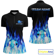 Load image into Gallery viewer, Black bowling-themed polo shirt with blue flames and bowling elements, featuring customizable text 'Your Name' and 'Team Name'.