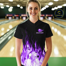 Load image into Gallery viewer, Person wearing a black bowling shirt with purple flames and a logo on a bowling alley background