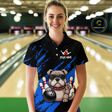 Load image into Gallery viewer, Women’s blue Bulldog bowling polo shirt, front view on female model in bowling lane 