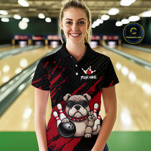 Load image into Gallery viewer, Women’s red Bulldog bowling polo shirt, front view on female model in bowling lane 
