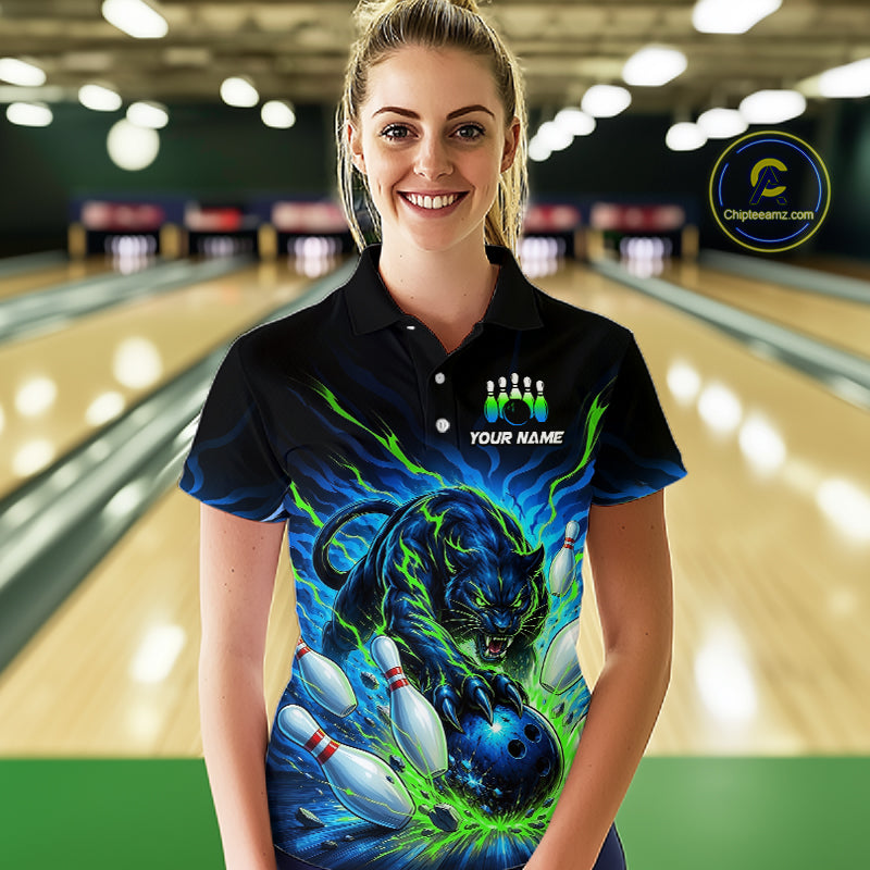 Woman wearing a custom bowling shirt with a panther design in a bowling alley.